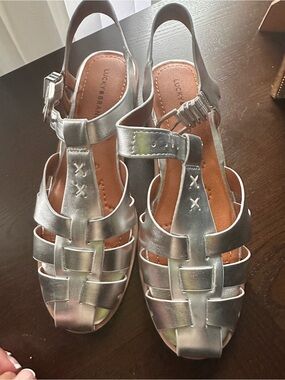 Lucky Brand Metallic Silver Woven Slingback Sandals